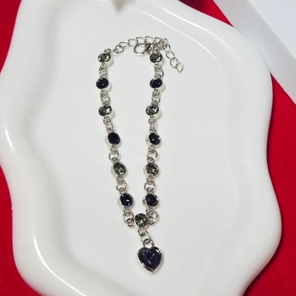 Elegant Blue Heart Crystal Bracelet Silver Stainless Steel Adjustable Feminine